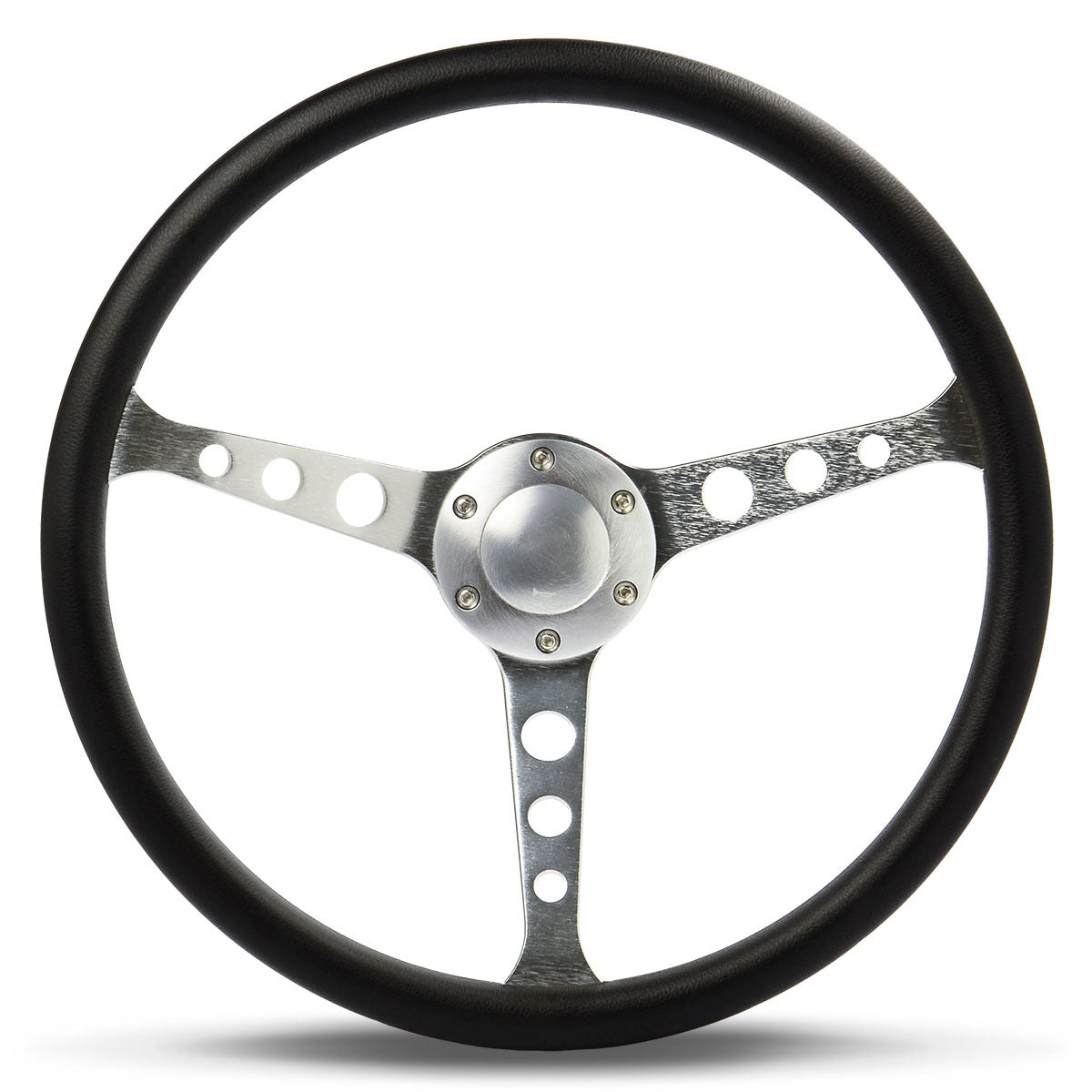 STEERING WHEEL POLYURATHANE 3-SPOKE WITH HOLES 15in/50mm DISH BRUSHED
