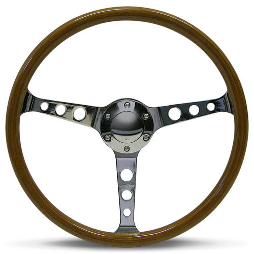 STEERING WHEEL WOODGRAIN 3-SPOKE WITH HOLES 15in/50mm DISH CHROME