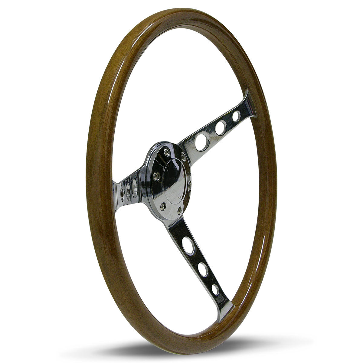 STEERING WHEEL WOODGRAIN 3-SPOKE WITH HOLES 15in/50mm DISH CHROME