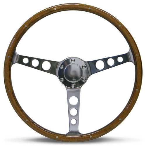 STEERING WHEEL WOODGRAIN WITH BAND&RIVETS 3-SPOKE WITH HOLES 15in/50mm DISH POLISHED