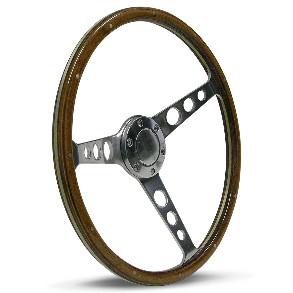 STEERING WHEEL WOODGRAIN WITH BAND&RIVETS 3-SPOKE WITH HOLES 15in/50mm DISH POLISHED