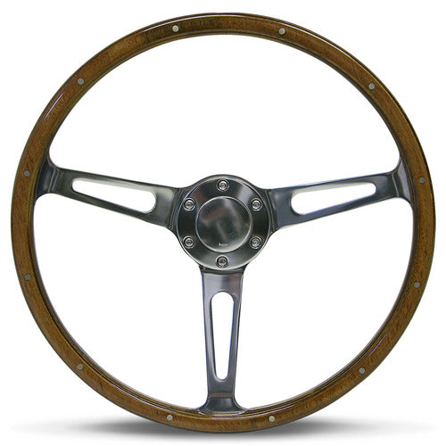 STEERING WHEEL WOODGRAIN WITH BAND&RIVETS 3-SPOKE WITH SLOTS 15in/50mm DISH POLISHED