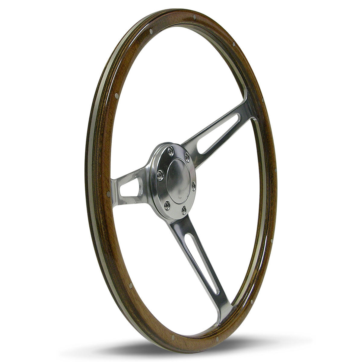 STEERING WHEEL WOODGRAIN WITH BAND&RIVETS 3-SPOKE WITH SLOTS 15in/50mm DISH POLISHED
