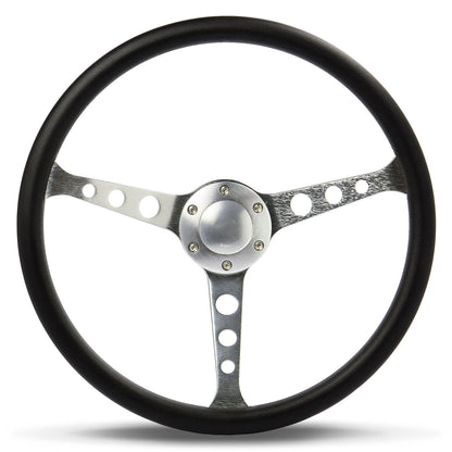 STEERING WHEEL POLYURATHANE 3-SPOKE WITH HOLES 15in/50mm DISH BRUSHED