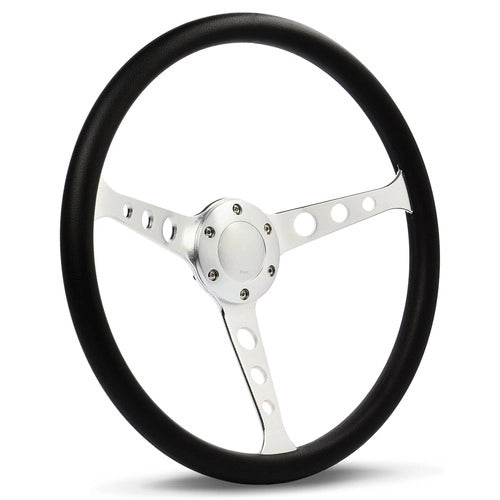 STEERING WHEEL POLYURATHANE 3-SPOKE WITH HOLES 15in/50mm DISH BRUSHED