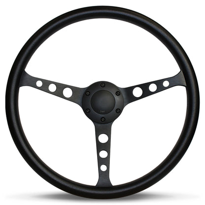 STEERING WHEEL POLYURATHANE 3-SPOKE WITH HOLES 15in/50mm DISH BLACK