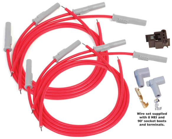 PLUG LEAD SET ALL FORD V8,MSD 8.5 HIPO RED,90 M&F CAP,MULTI ANGLE PLUG BOOT,CUSTOM LENGTH